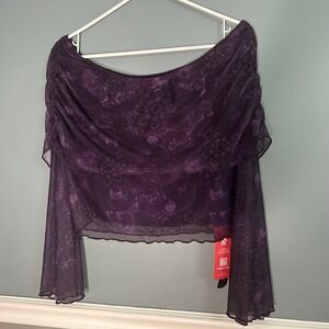 Romwe Womens Purple Mesh Celestial Off Shoulder Ruched Flare Sleeve Top Large